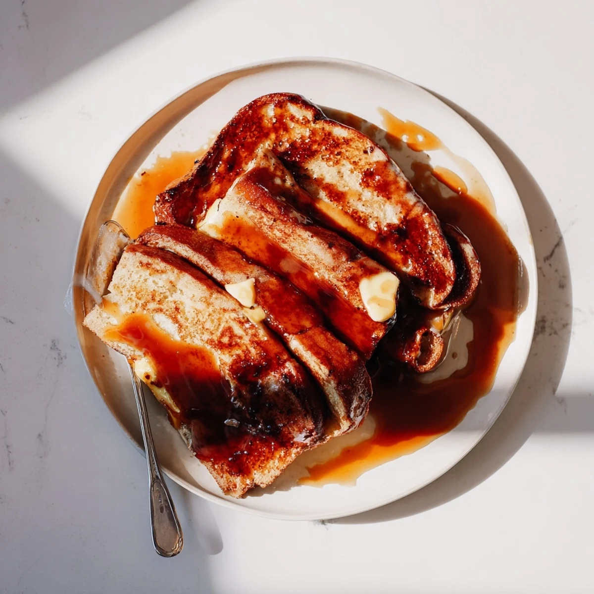 Warm Crème Brûlée French Toast slices glisten with caramelized sugar, served with fresh berries and whipped cream.