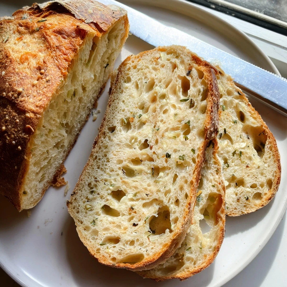 A golden-crusted No Knead Dill Gouda Artisan Bread with fresh dill flecks and melted cheese crumb, perfect for soup.