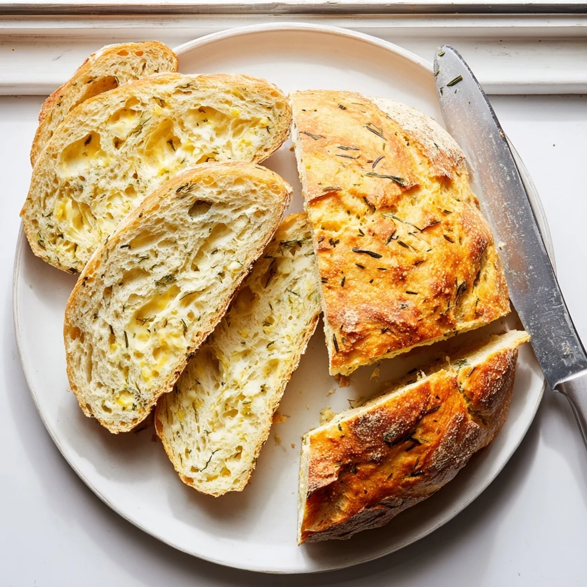 Freshly baked No Knead Dill Gouda Artisan Bread loaf on a cooling rack, with herbs and rich Gouda visible.