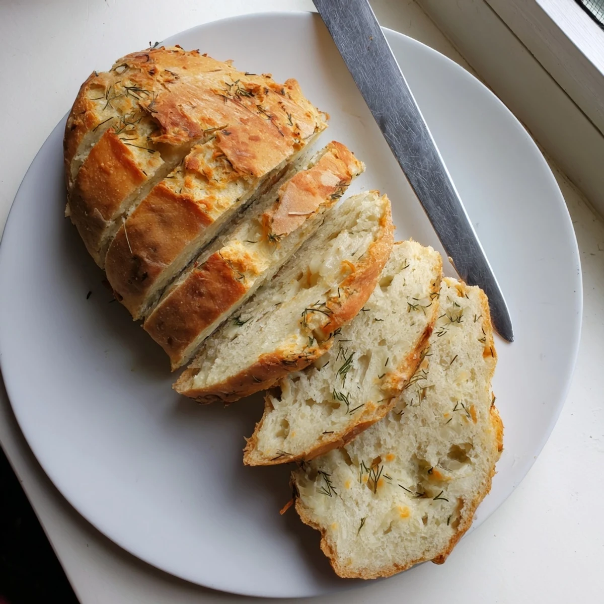 Sliced No Knead Dill Gouda Artisan Bread showing soft, airy interior and melted cheese, ready for sandwiches or appetizers.