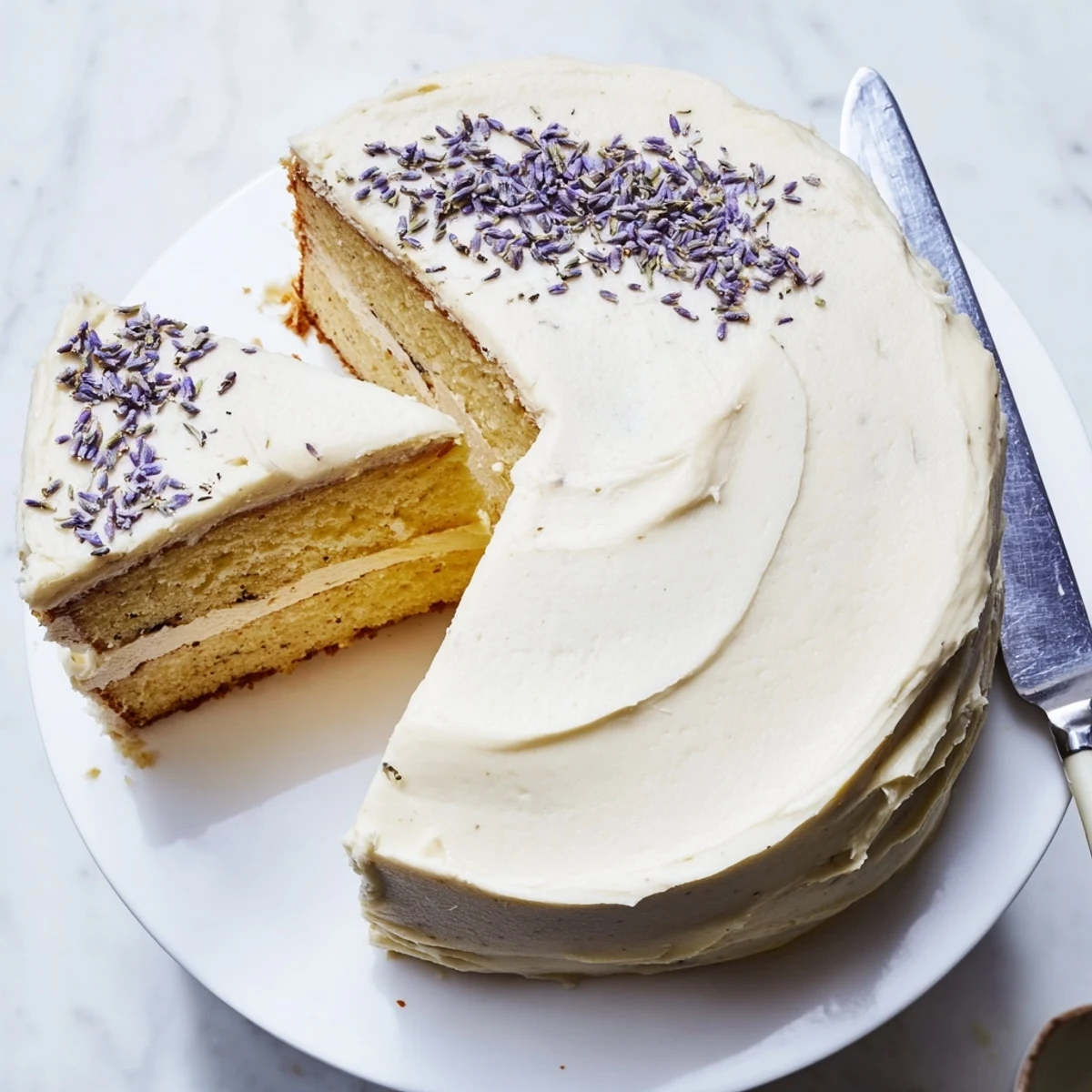 A slice of London Fog Cake with Earl Grey and Lavender, with creamy vanilla frosting and dried lavender garnish on a rustic table.