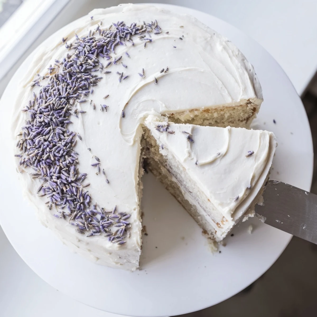 Close-up of layered London Fog Cake with Earl Grey and Lavender, showing fluffy cake crumb and swirls of frosting beside a steaming teacup.