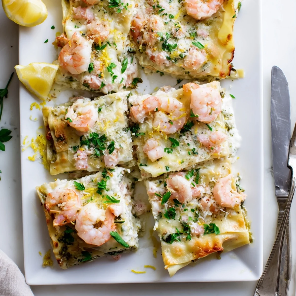 Creamy Garlic Butter Shrimp Scampi Lasagna layers with golden baked cheese and succulent shrimp.