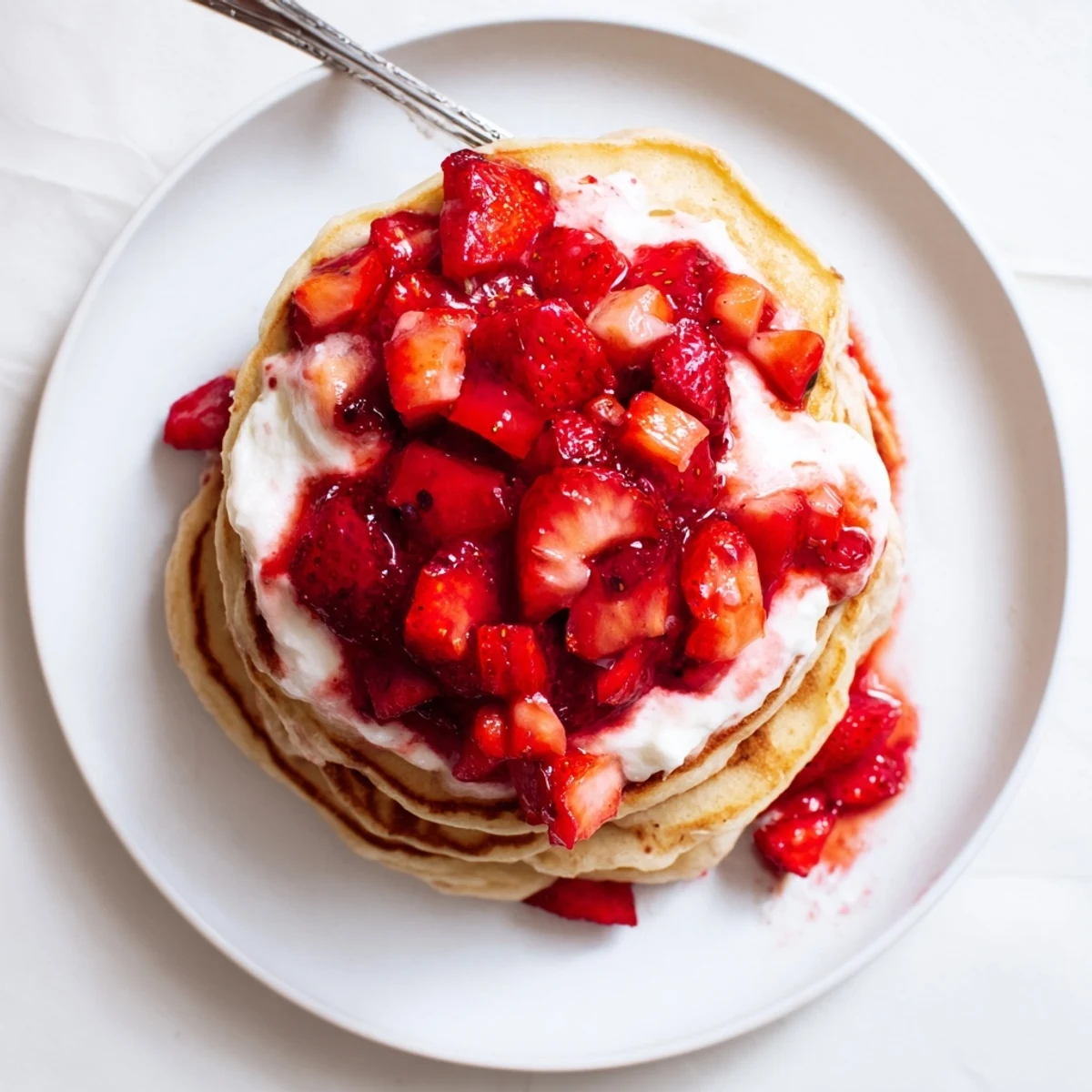 Fluffy strawberry cheesecake pancakes with creamy swirl and juicy strawberry topping served on a white plate.