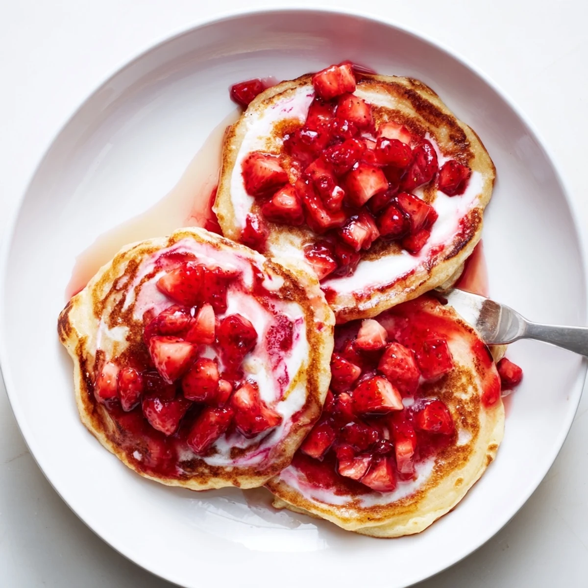Delicious strawberry cheesecake pancakes topped with fresh berries and creamy cheesecake swirl for breakfast or brunch.