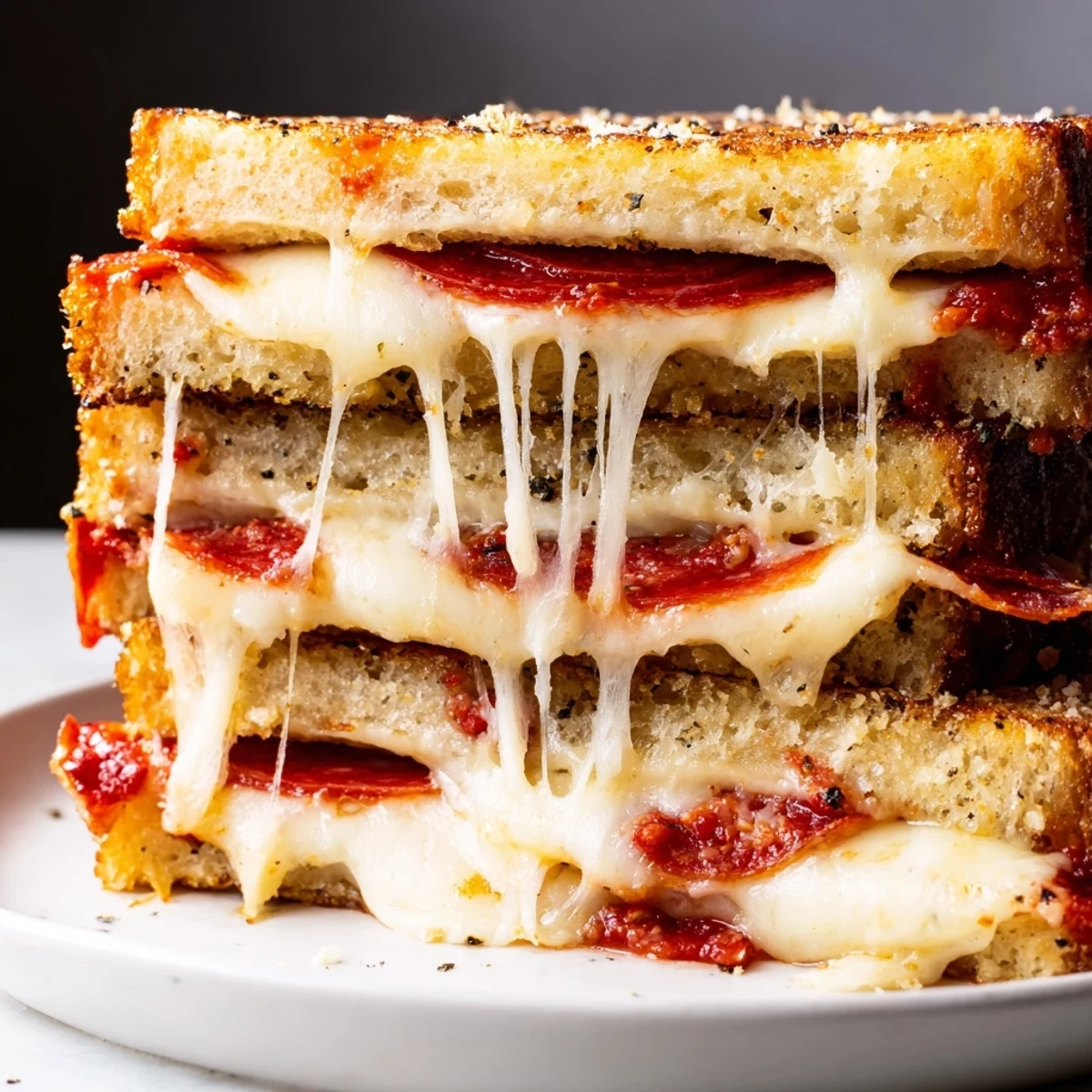 Golden-brown Pizza Grilled Cheese slices, with gooey melted mozzarella and pepperoni peeking out.