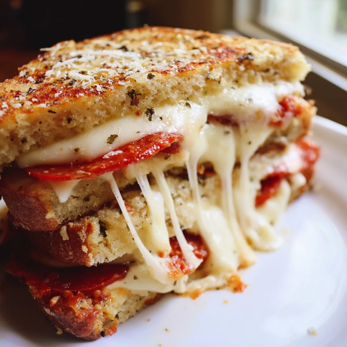 The crispy sourdough crust showcases melted cheese and savory toppings for a hearty meal.