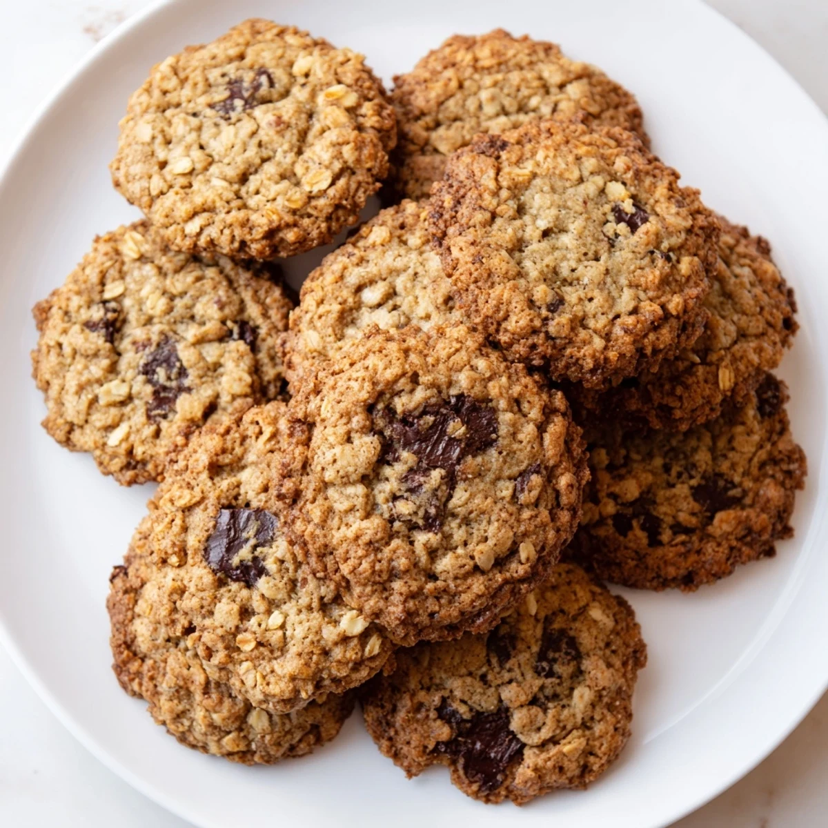 Freshly baked 4 Ingredient Crispy Chocolate Oat Cookies cooling on a wire rack with melted dark chocolate chips.