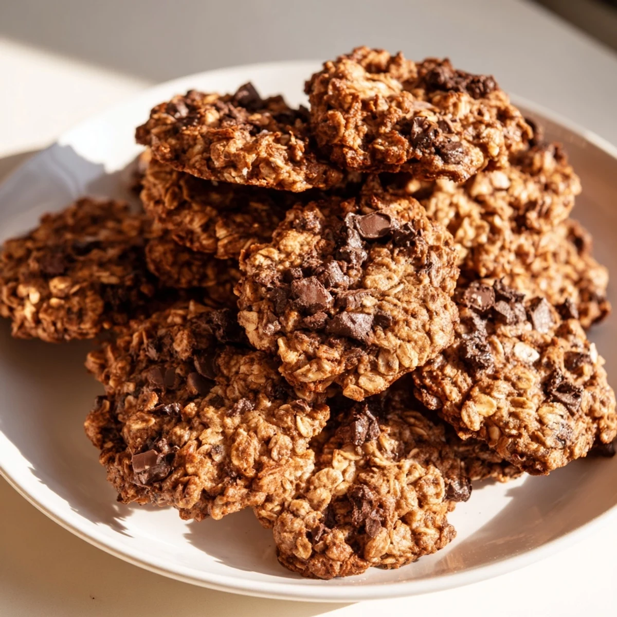 Golden brown 4 Ingredient Crispy Chocolate Oat Cookies arranged on a rustic wooden board for a delicious dessert snack.
