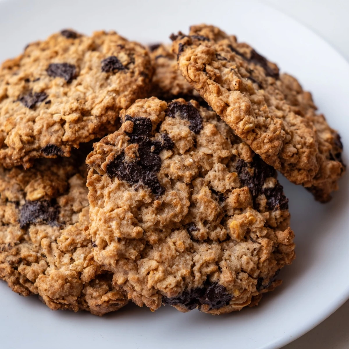 Easy homemade 4 Ingredient Crispy Chocolate Oat Cookies on a baking sheet with melted chocolate and oats.