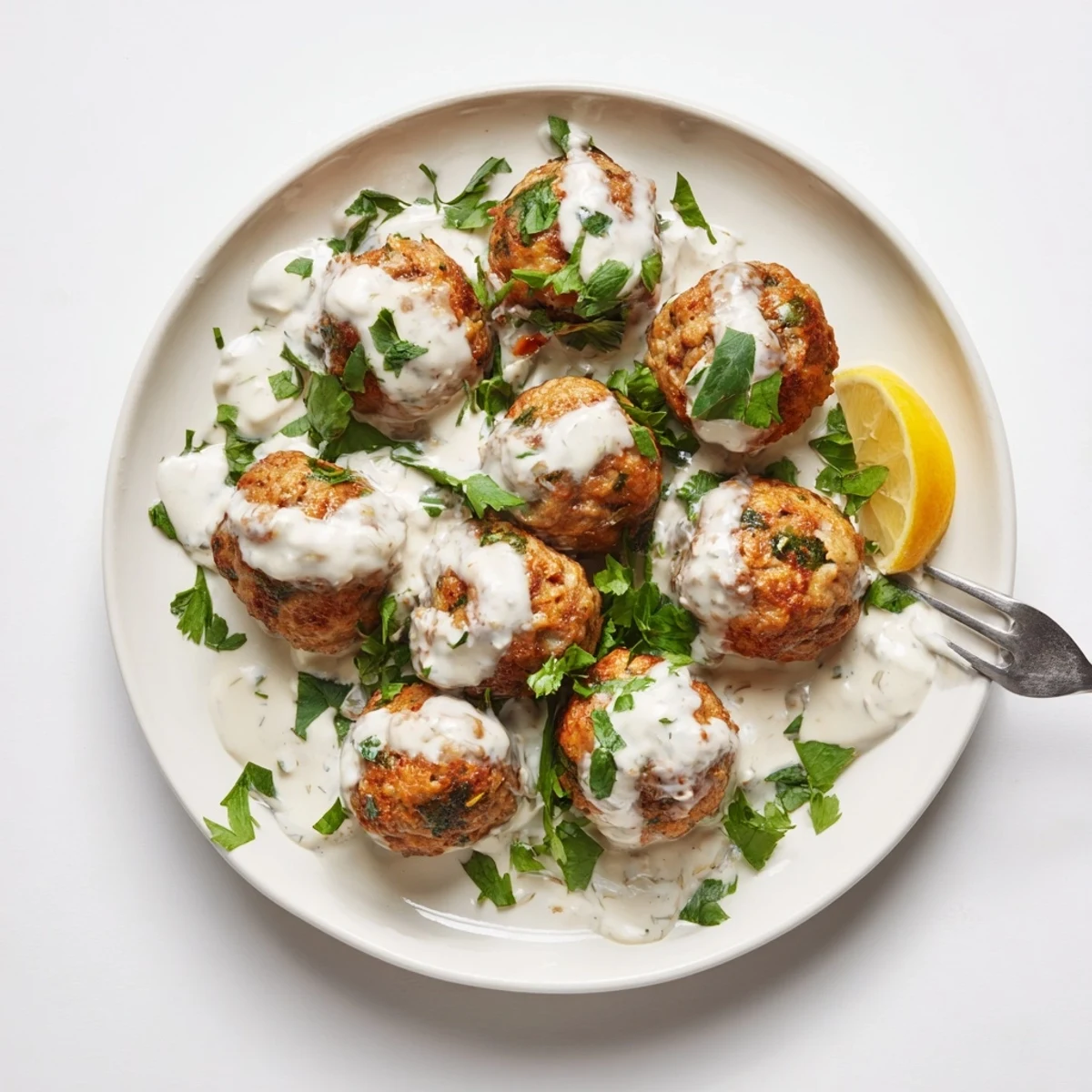 Juicy Chicken Kofta with creamy garlic yogurt sauce drizzled over golden-brown meatballs and fresh herbs.  