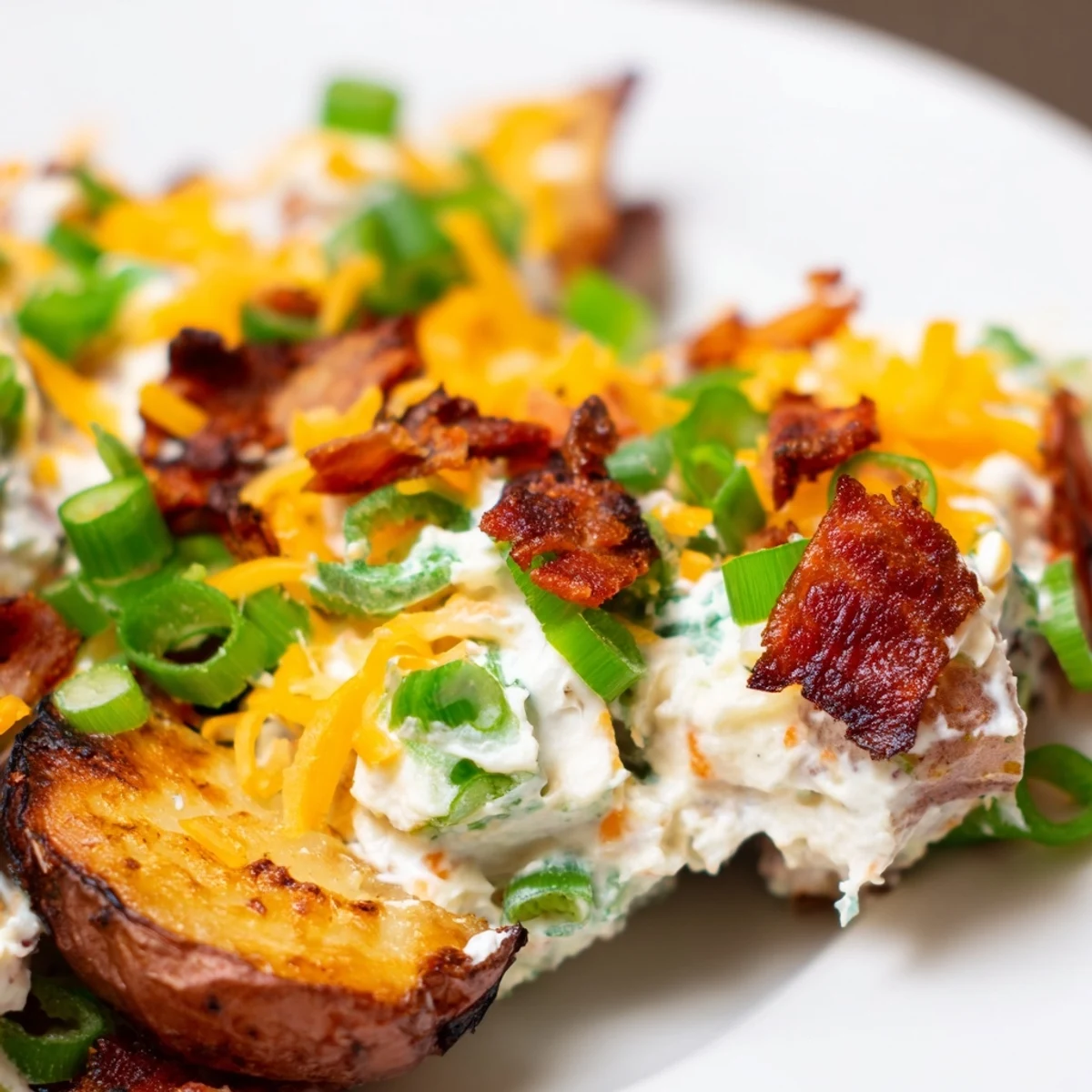 Jalapeno Popper Roasted Potato Salad with smoky bacon and sharp cheddar on a picnic table.