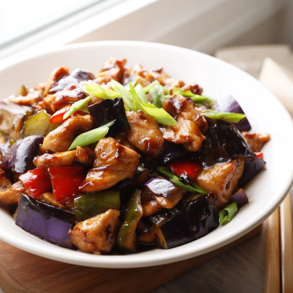 Stir-fried Black Vinegar Chicken With Bell Peppers And Eggplant glistens with a glossy, tangy sauce.