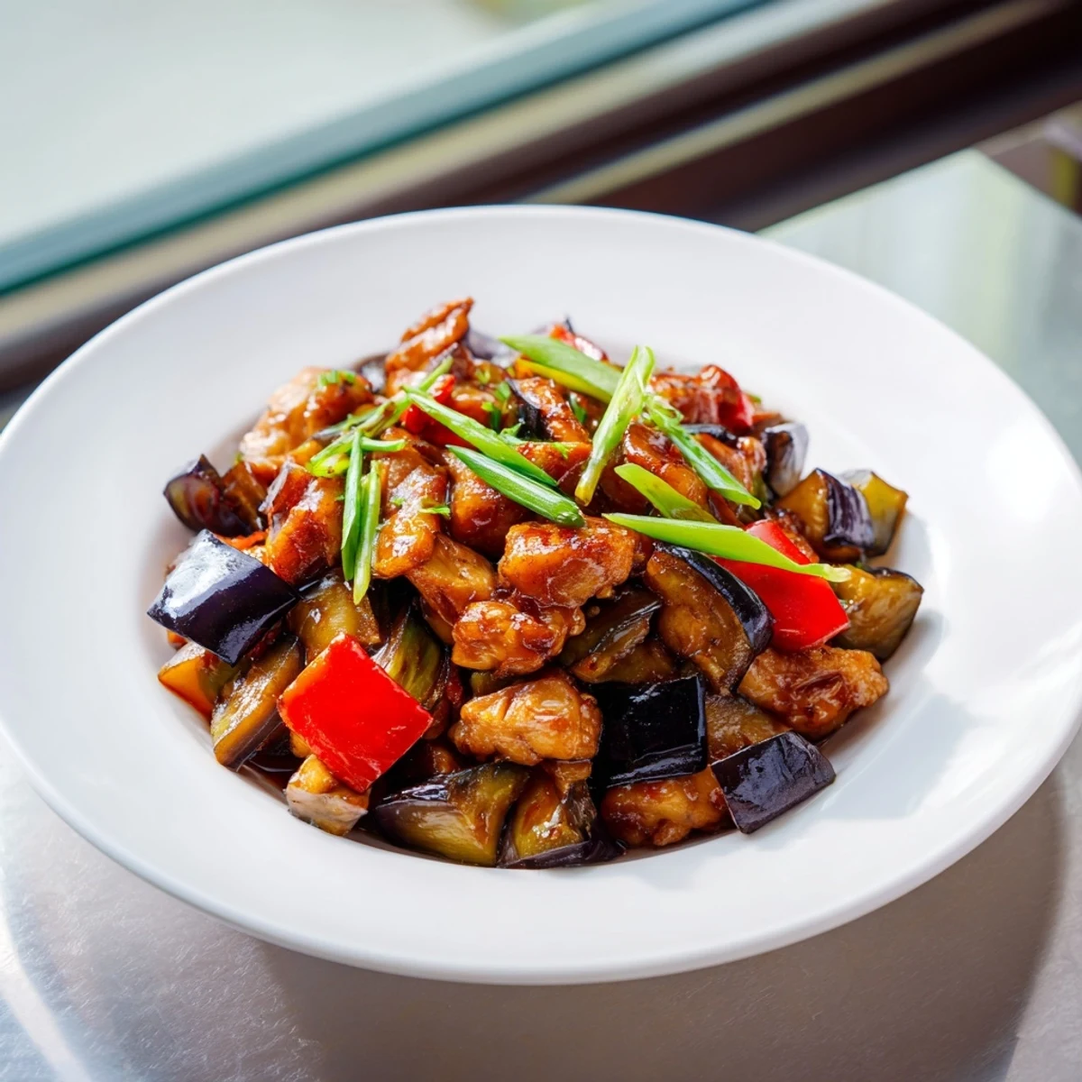A serving of Black Vinegar Chicken With Bell Peppers And Eggplant on a plate next to chopsticks.
