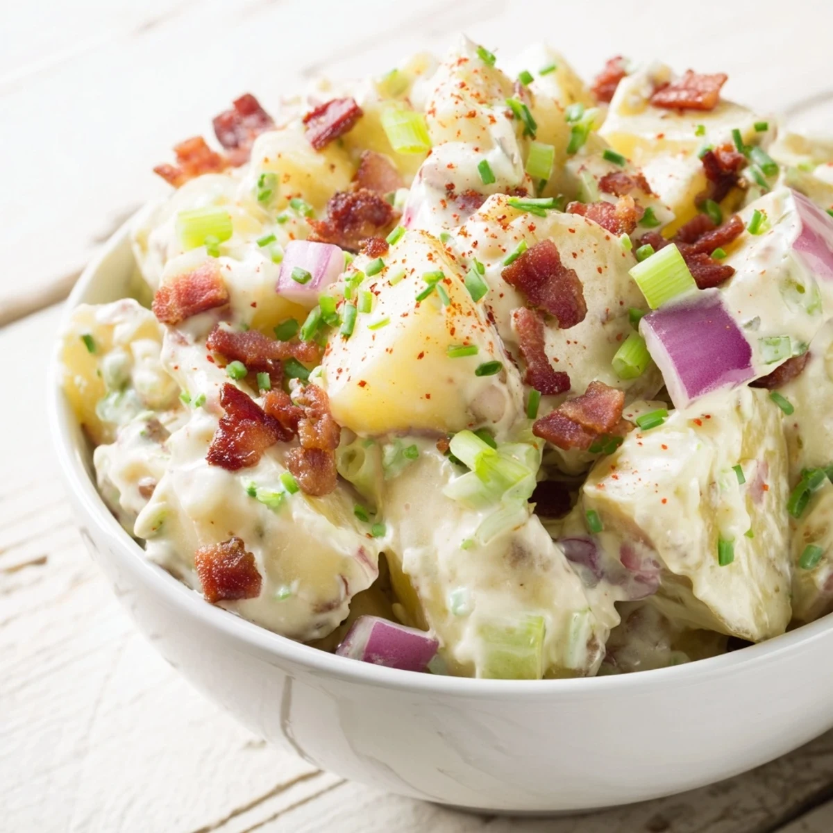 Steakhouse Potato Salad with creamy dressing, crispy bacon, and fresh chives on a rustic wooden table.
