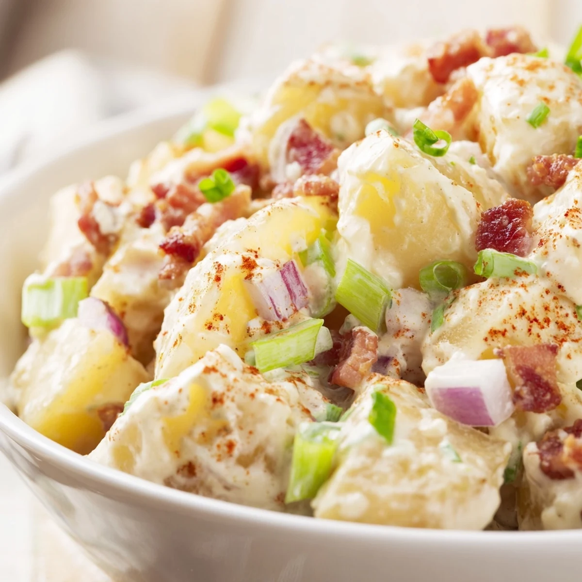 Steakhouse Potato Salad served chilled beside a grilled steak, showcasing tender potatoes and diced celery.