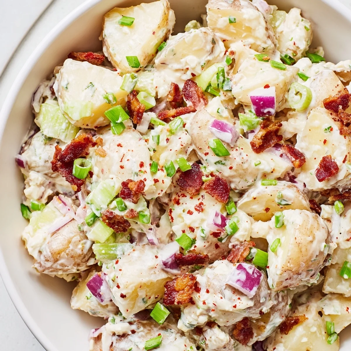 A close-up of Steakhouse Potato Salad with crumbled bacon, red onion, and a sprinkle of paprika.