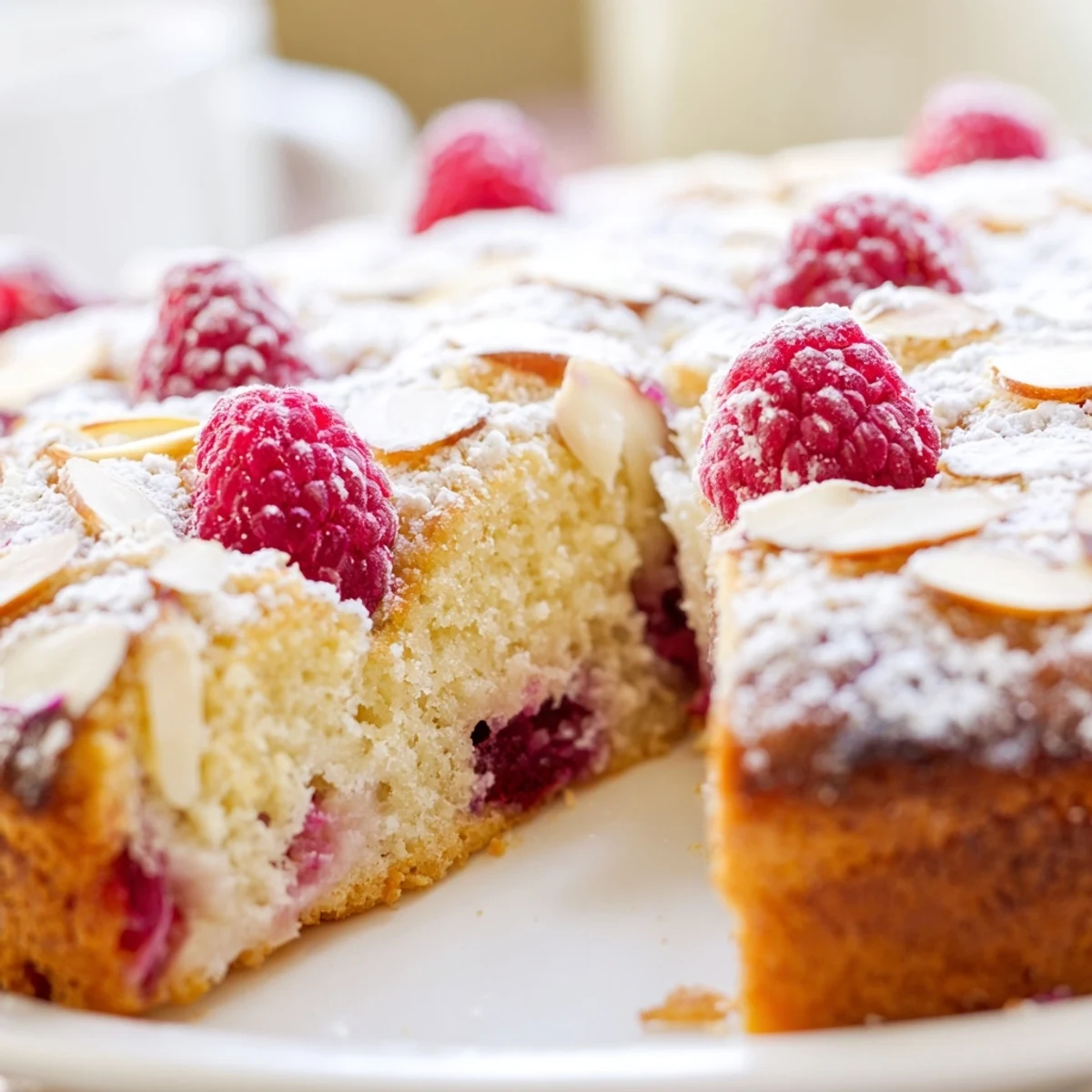 Freshly baked Soft Almond Raspberry Cake topped with sliced almonds and powdered sugar on a white plate.  
