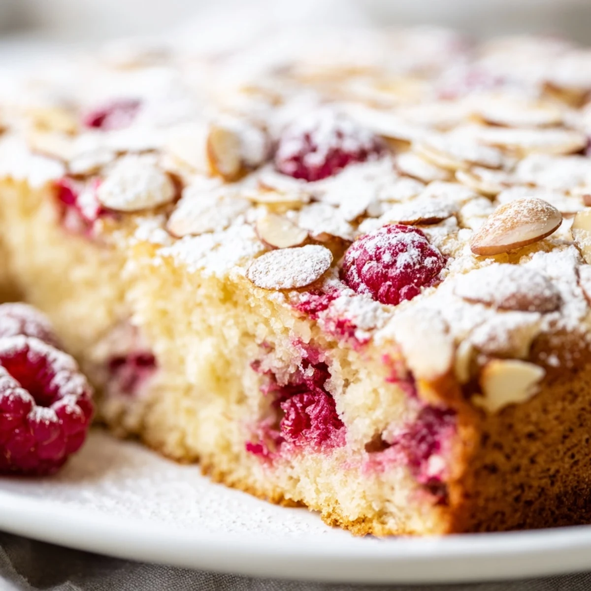 Slice of Soft Almond Raspberry Cake showing tender crumb, juicy berries, and subtle golden crust.  