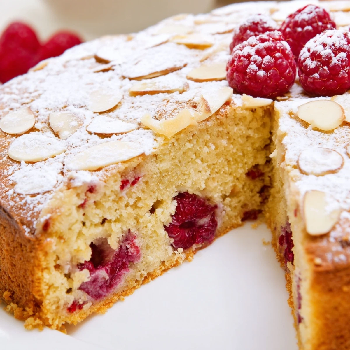 Warm Soft Almond Raspberry Cake dusted with sugar, served with tea and whipped cream.