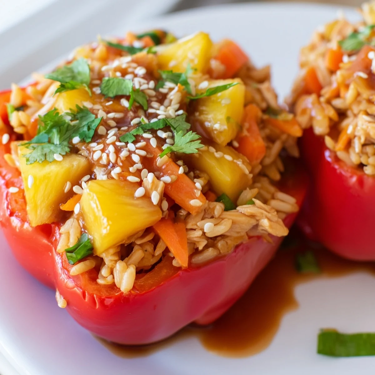 A close-up of baked Teriyaki Pineapple Chicken and Rice Stuffed Peppers garnished with sesame seeds and cilantro.