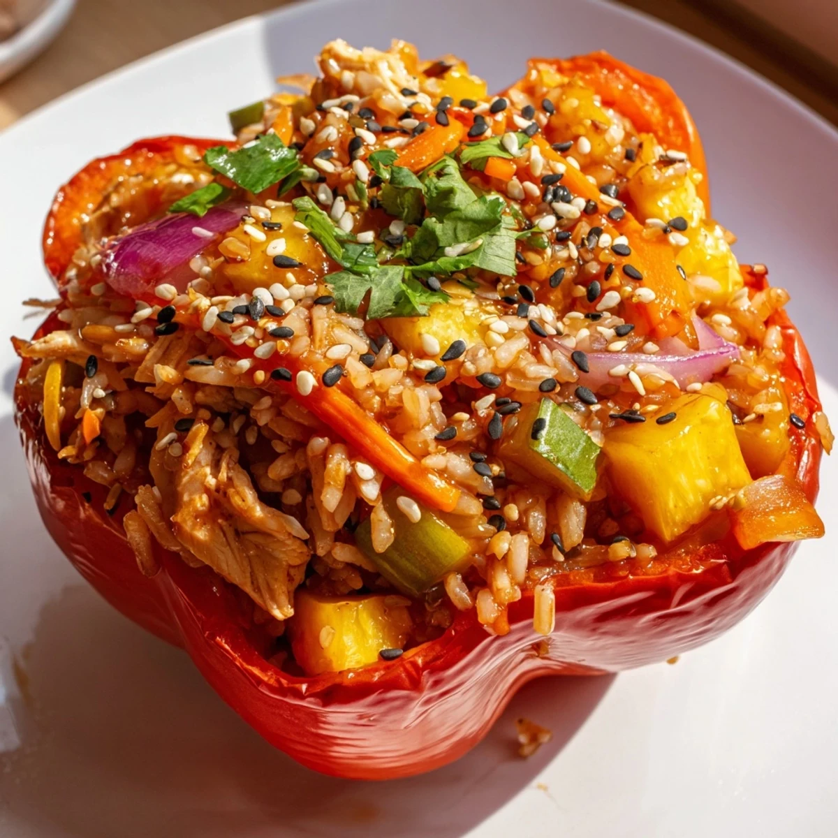 Vibrant stuffed peppers served on a plate with pineapple chunks, showcasing a sweet and savory family dinner.