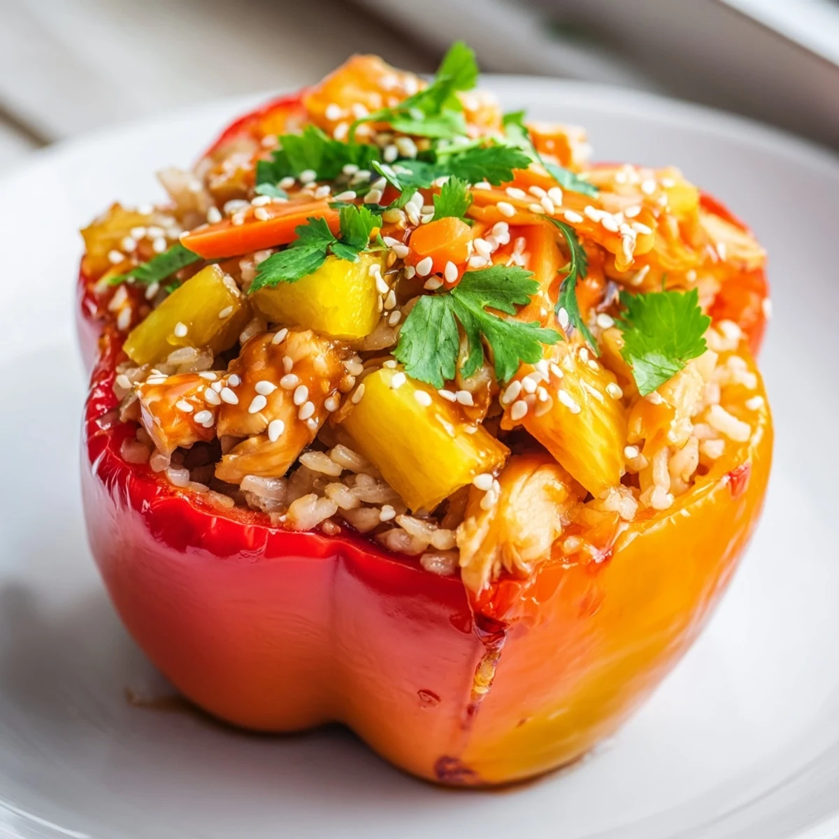 Golden-red bell peppers filled with teriyaki pineapple chicken and fluffy rice, topped with a glossy glaze.