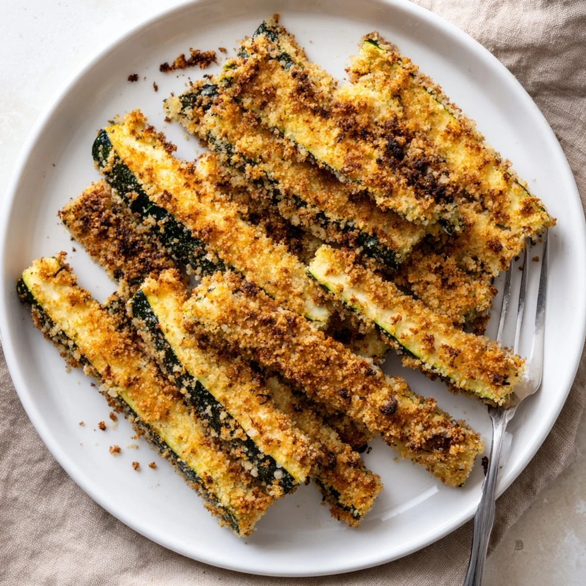 Crispy golden Keto Baked Parmesan Zucchini Fries arranged on a plate with marinara dip.
