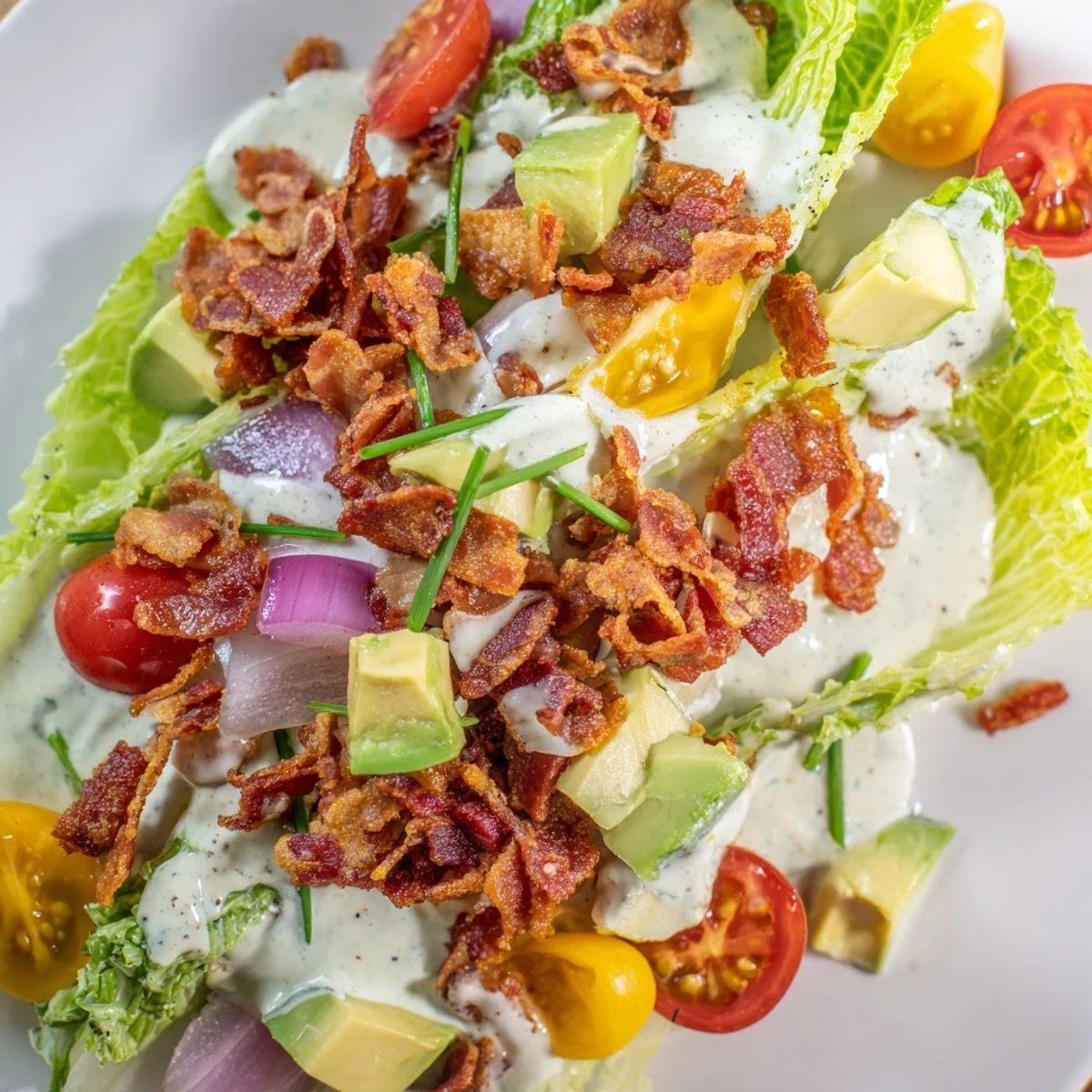 A close-up of the Crispy Bacon Keto BLT Salad showing golden bacon crumbles on fresh lettuce.