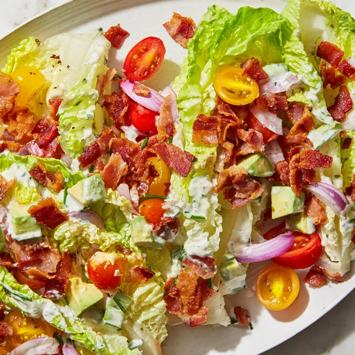 Fresh avocado and red onion slices top the vibrant Crispy Bacon Keto BLT Salad garnished with chives.