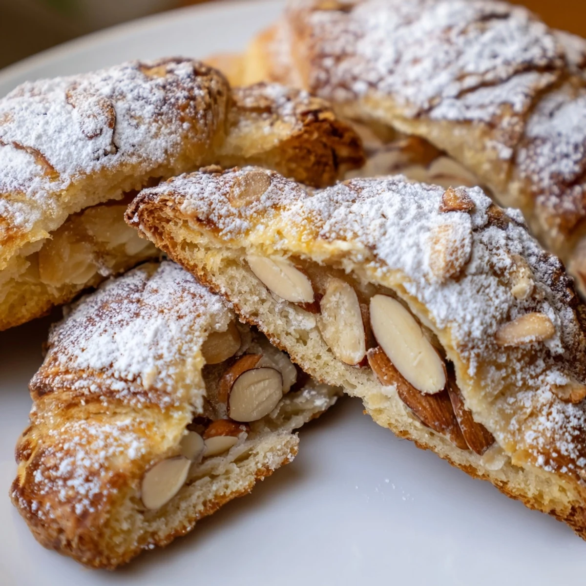 Close-up of Almond Croissant Cookies showing flaky layers and almond slices on top.