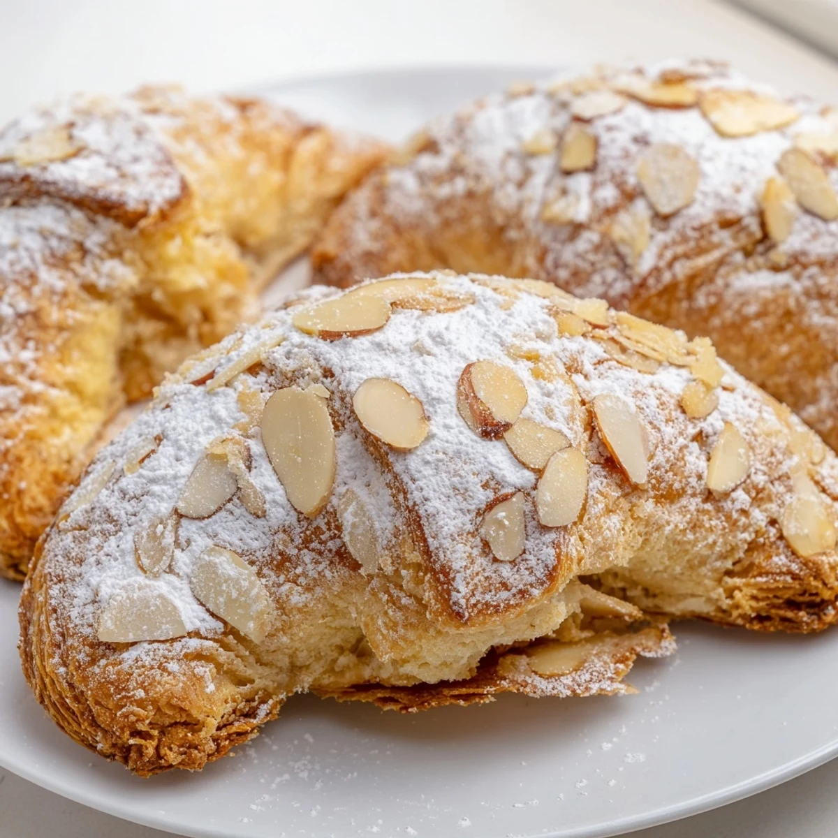 Golden-brown Almond Croissant Cookies cooling on a wire rack with powdered sugar dusting.
