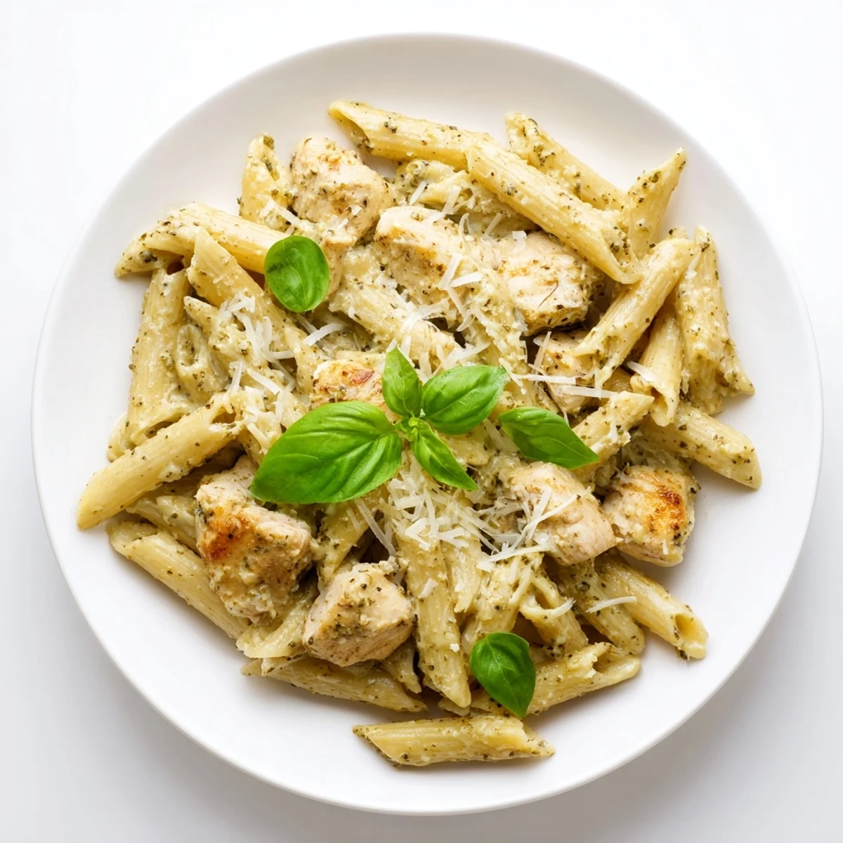 Golden pieces of seasoned chicken rest atop fettuccine coated in a vibrant green creamy pesto chicken pasta sauce.