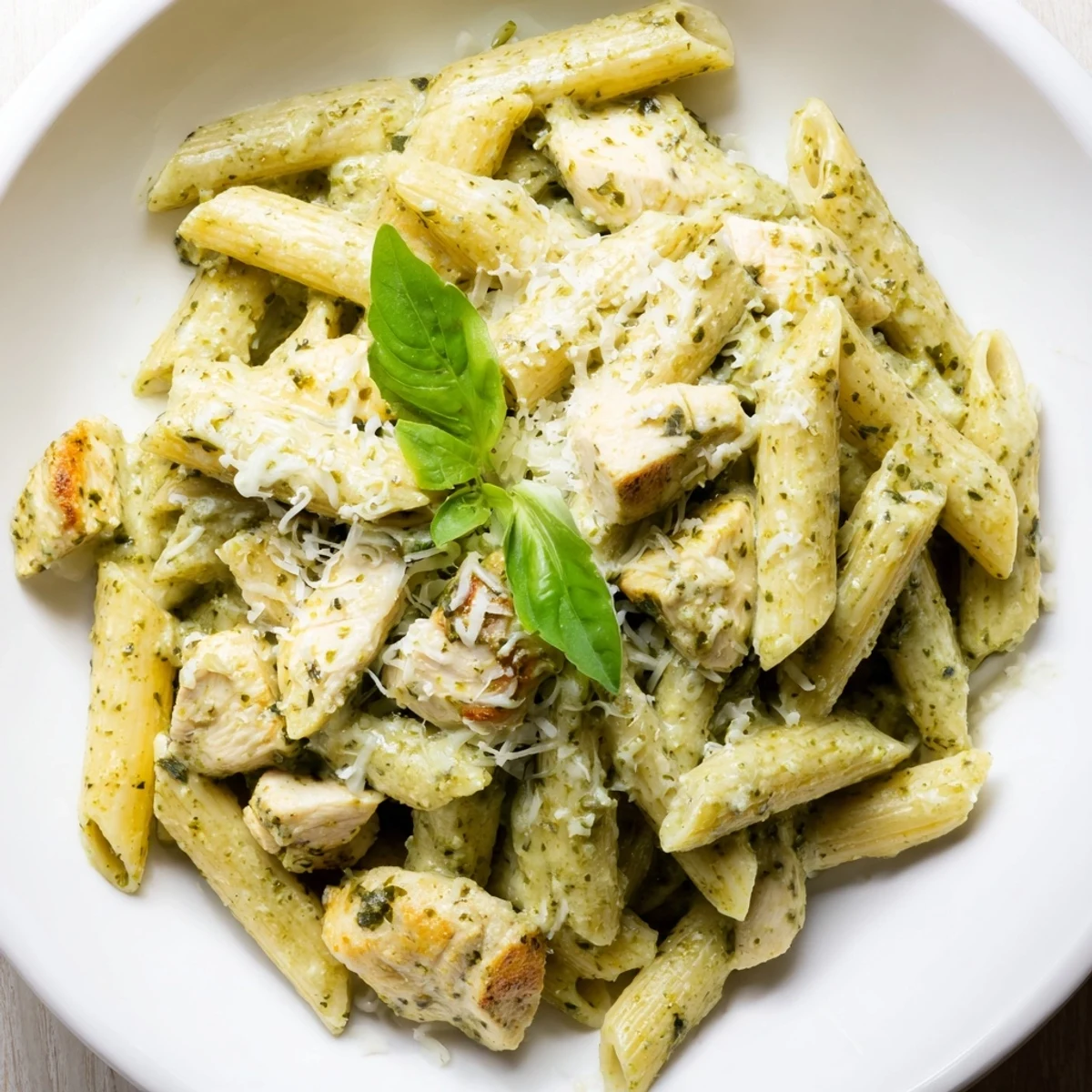 This creamy pesto chicken pasta dish is garnished with fresh basil and a generous shower of grated Parmesan cheese.