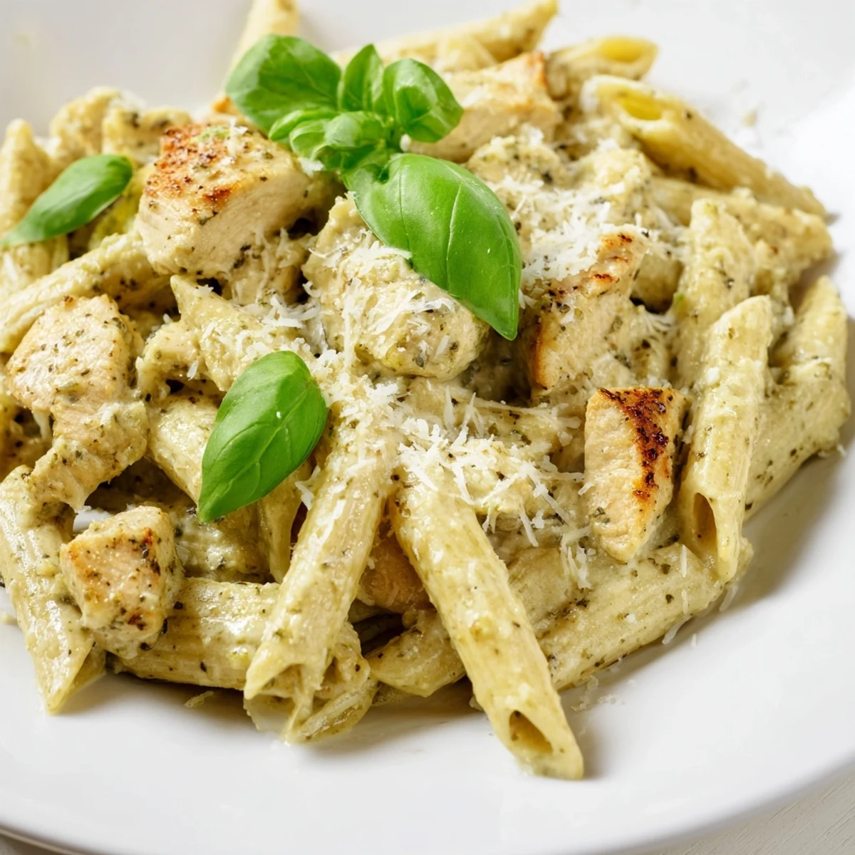 A hearty bowl of creamy pesto chicken pasta is ready to serve, perfect for a comforting weeknight family dinner.