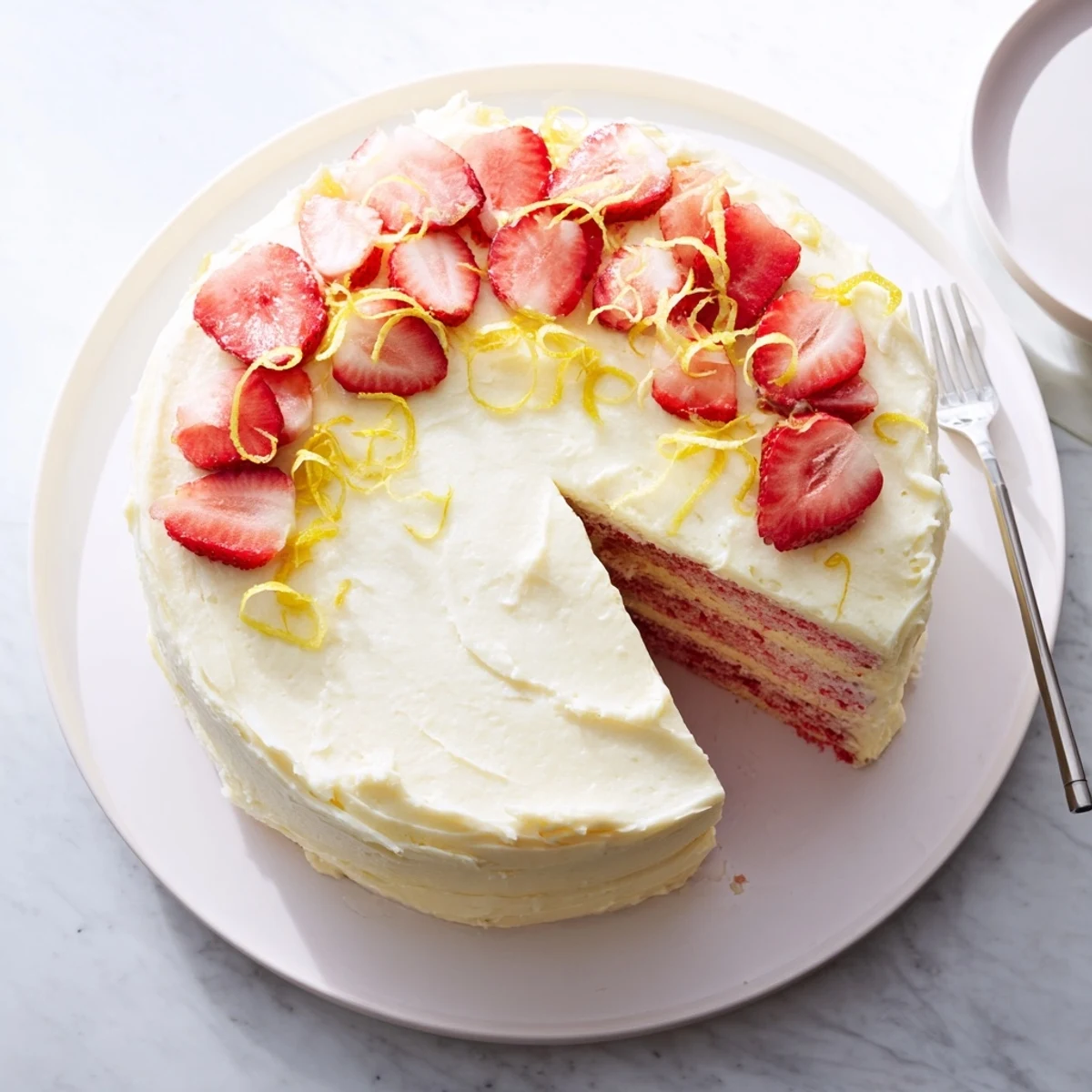 A slice of Strawberry Lemonade Cake With Creamy Lemon Buttercream shows fluffy pink layers and glossy frosting with fresh berries on top.