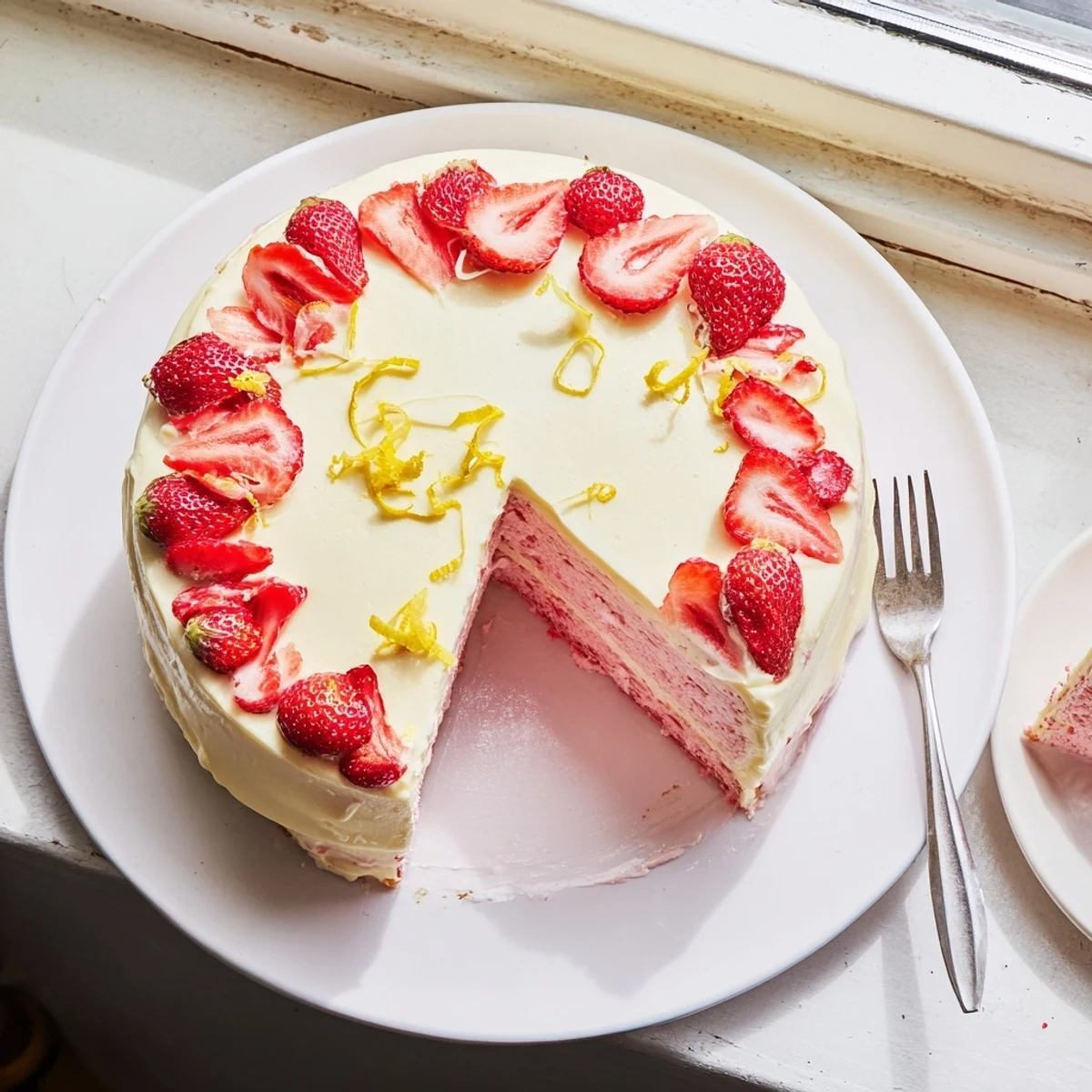 Moist Strawberry Lemonade Cake With Creamy Lemon Buttercream is served on a dessert plate beside a glass of iced lemonade.