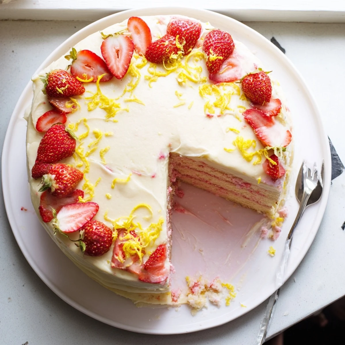 Beautifully frosted Strawberry Lemonade Cake With Creamy Lemon Buttercream features lemon zest curls and halved strawberries for a summery celebration.