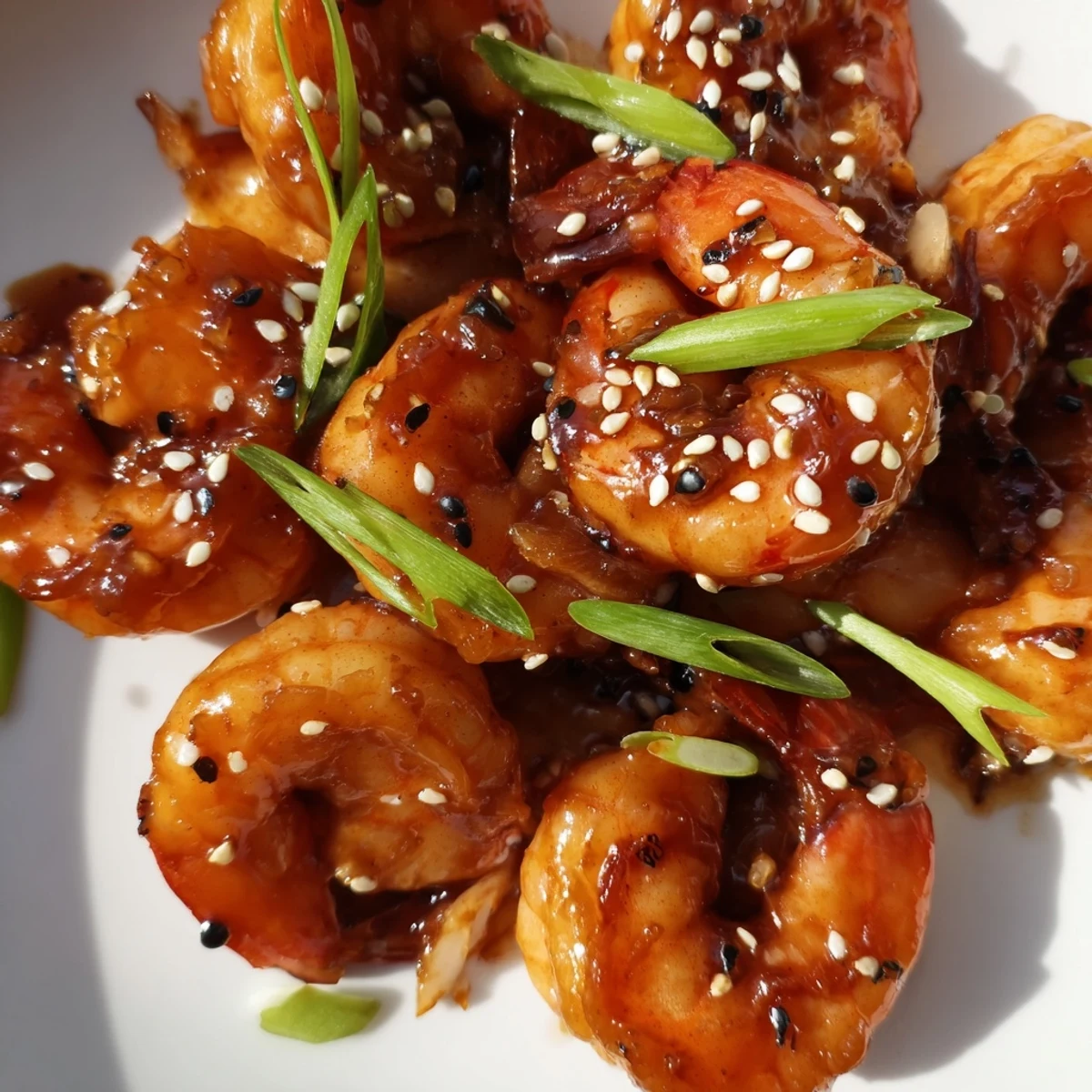 Juicy shrimp in a skillet glistening with golden honey garlic sauce, garnished with fresh green onions and sesame seeds, served over fluffy rice for a high protein honey garlic shrimp dinner.