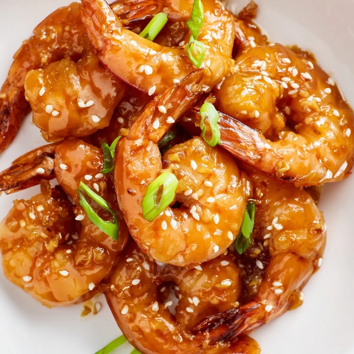 Close-up of plump, pink shrimp coated in a sweet-savory honey garlic glaze, with steam rising to show it's hot and ready to eat, highlighting the high protein honey garlic shrimp main dish.
