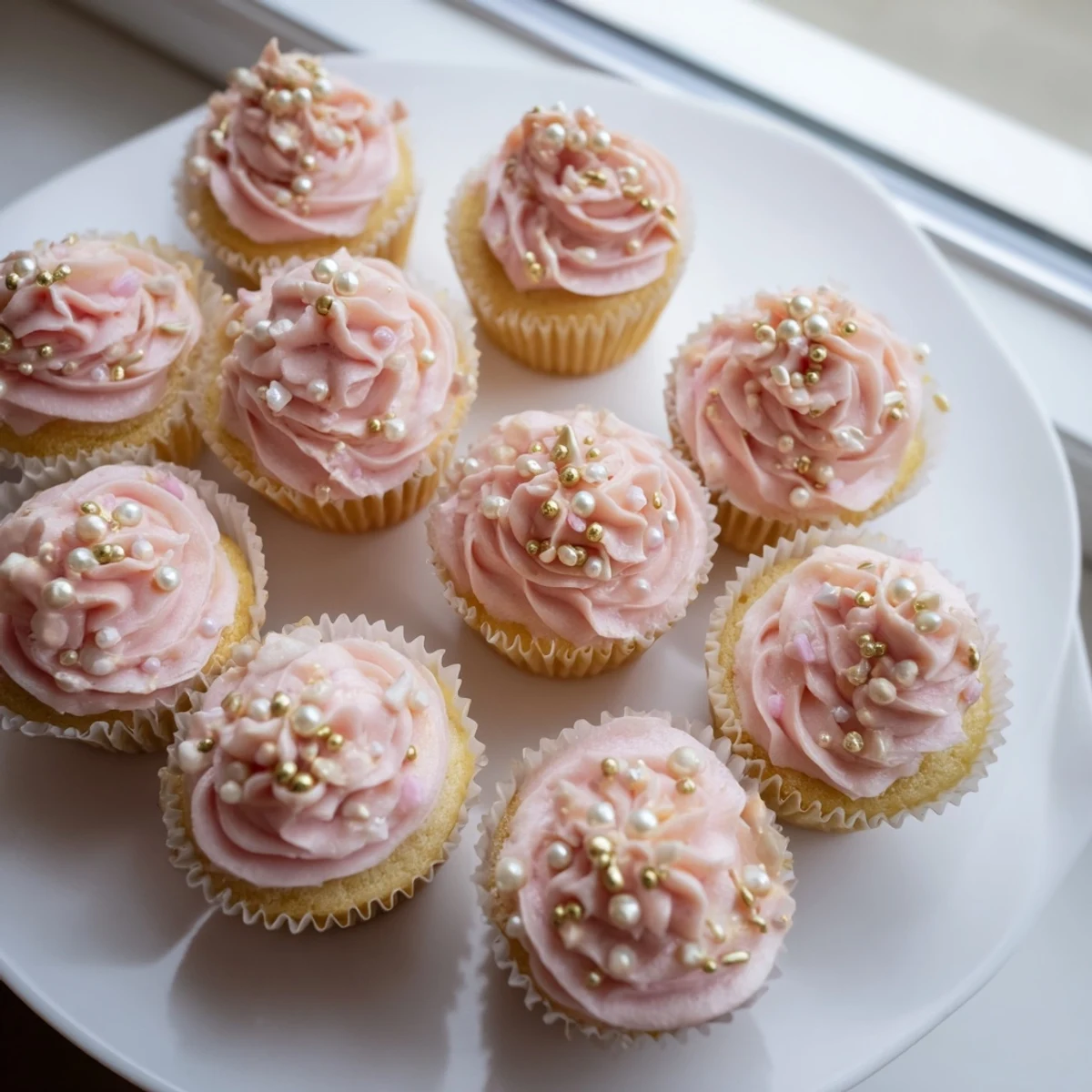A close-up of soft Girl Baby Shower Cupcakes with edible pearl decorations and pastel sprinkles.