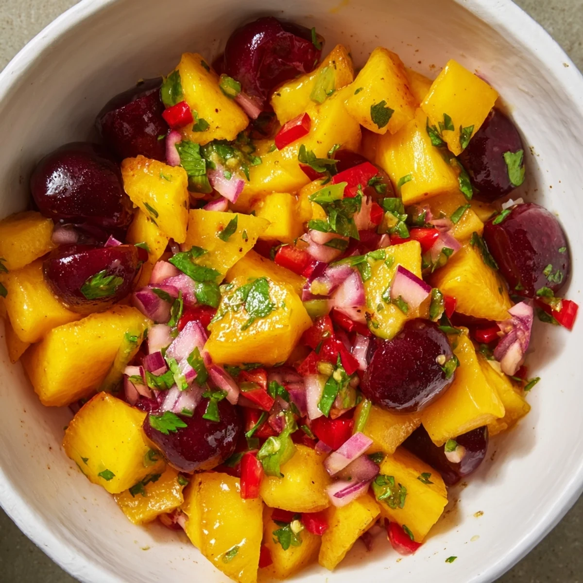 A close-up of Healthy Peach Cherry Salsa in a rustic bowl, with diced peaches and cherries glistening beside crunchy tortilla chips.