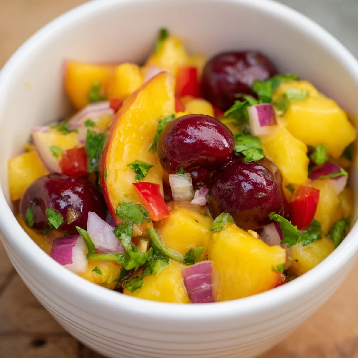 Colorful Healthy Peach Cherry Salsa served chilled in a white dish, topped with fresh cilantro and lime wedges on a summer table.