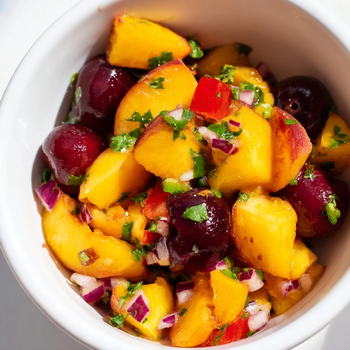 Vibrant bowl of Healthy Peach Cherry Salsa with juicy red cherries and diced peaches, ready to be scooped with crisp chips.