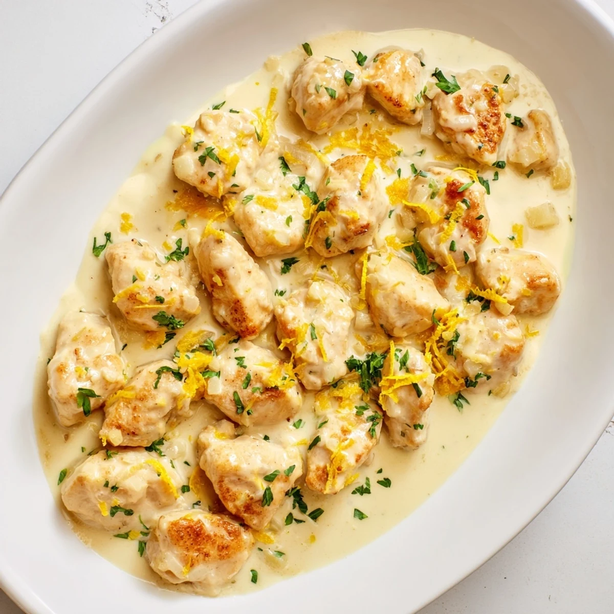 Golden-brown seared chicken breasts smothered in creamy Parmesan lemon sauce garnished with fresh parsley.