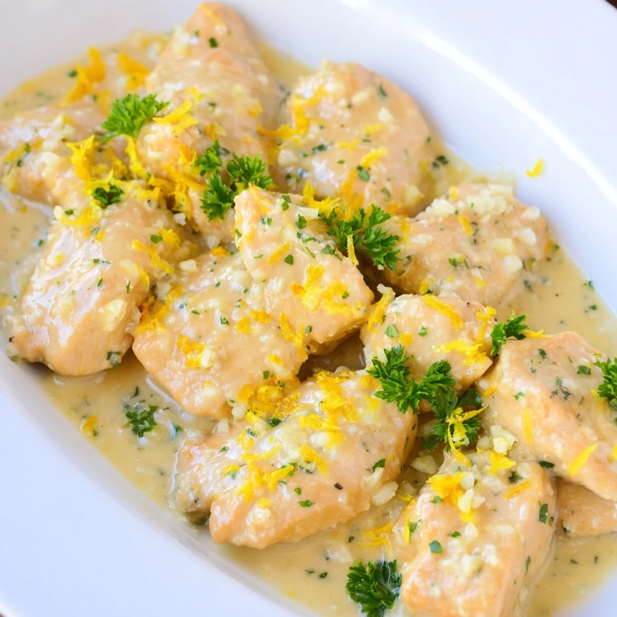 Tender chicken breasts in a skillet with rich, garlicky lemon-Parmesan cream sauce for a comforting dinner.