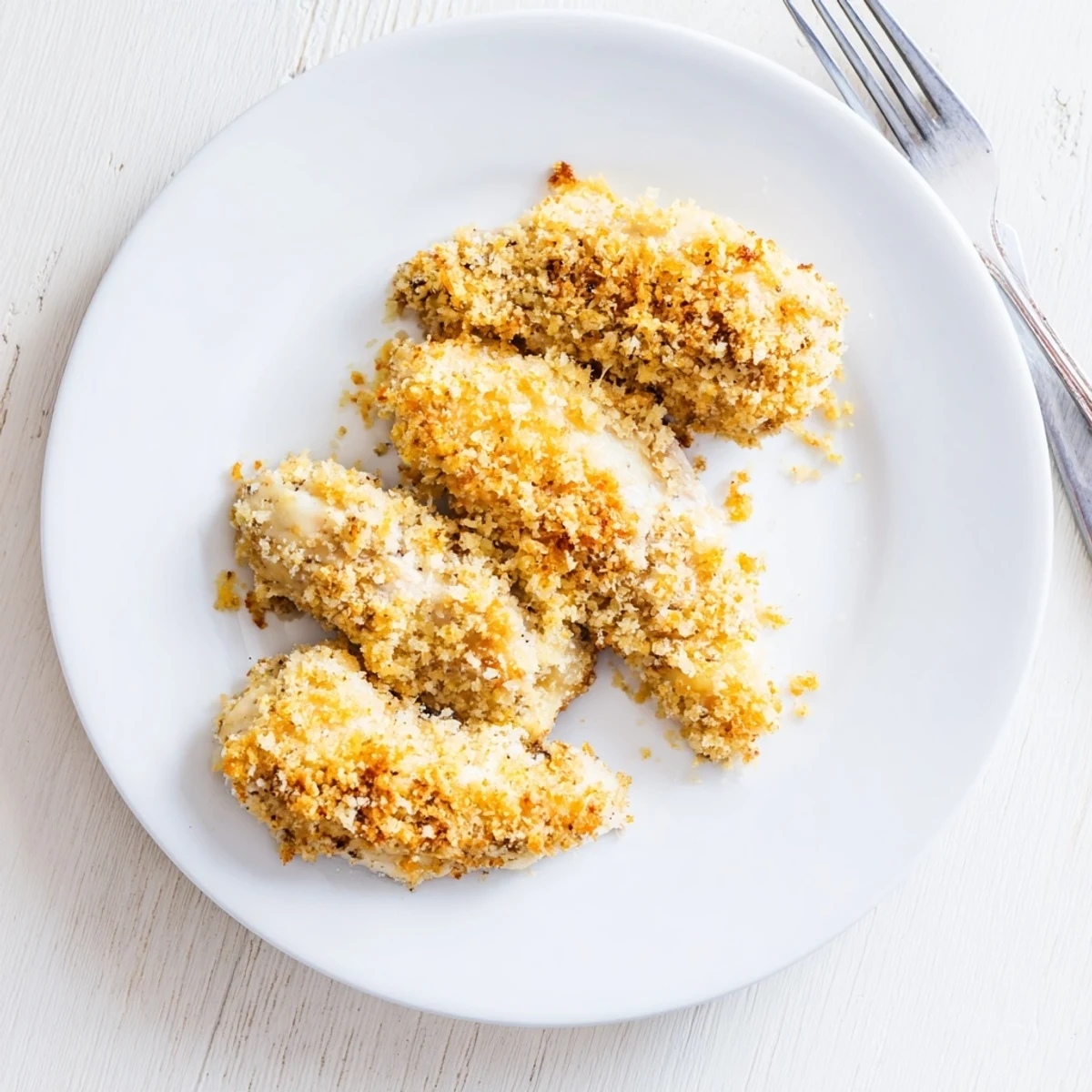 Savory Baked Garlic Parmesan Chicken served on a plate with a fresh green salad for dinner.  