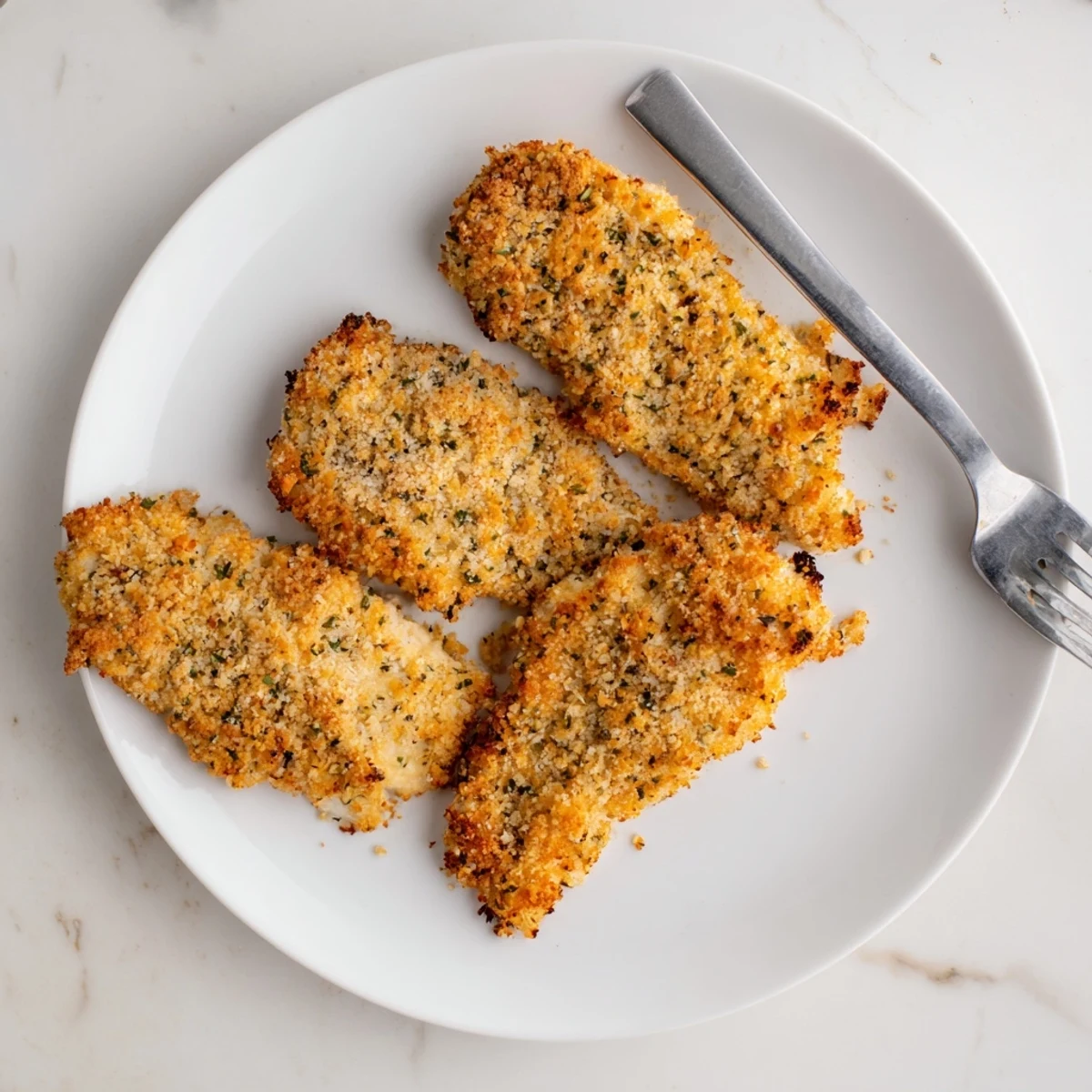 Tender Baked Garlic Parmesan Chicken with a crunchy panko coating, drizzled with olive oil.
