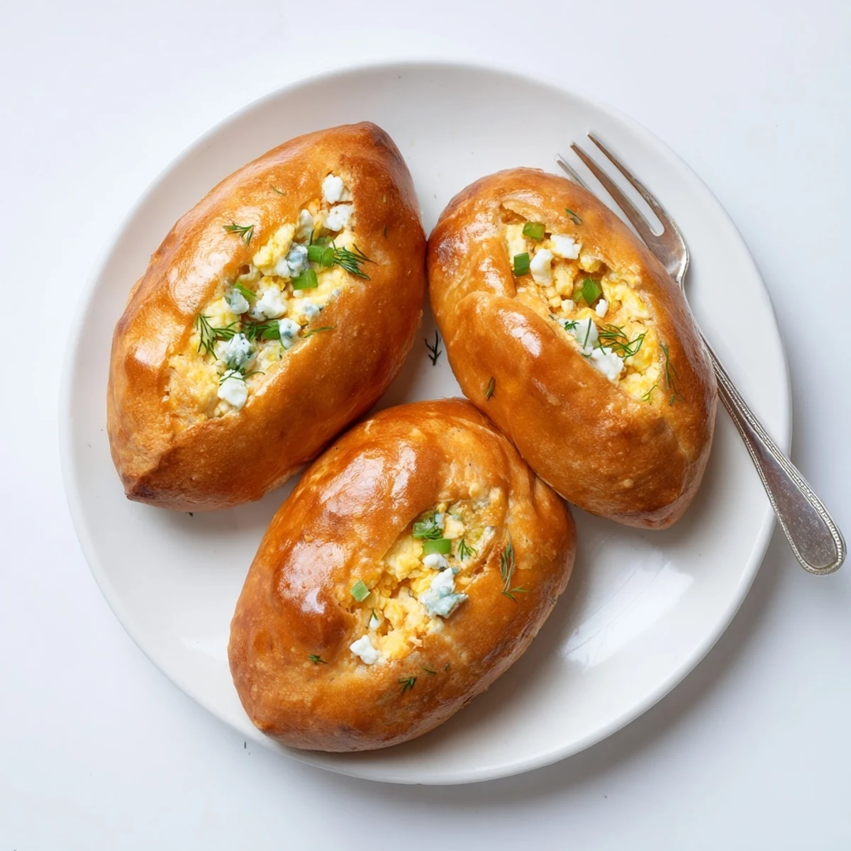Golden, flaky Cheesy Egg and Cheese Piroshki pastries fresh from the oven, served warm on a rustic wooden board.