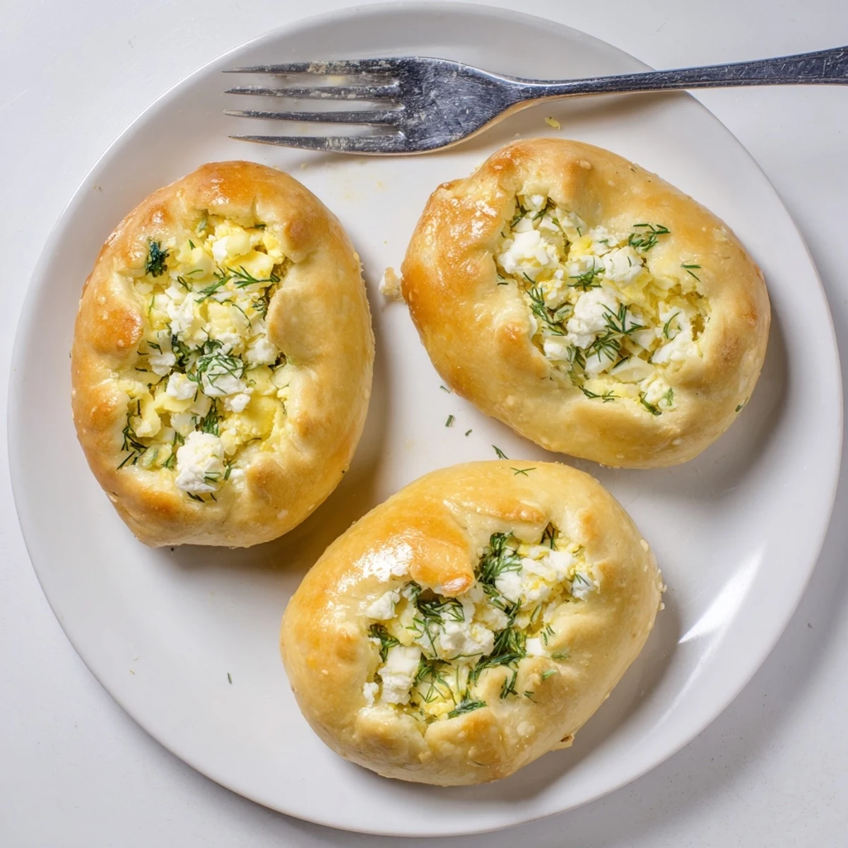 Steaming Cheesy Egg and Cheese Piroshki arranged on a plate with fresh dill and a side of sour cream.